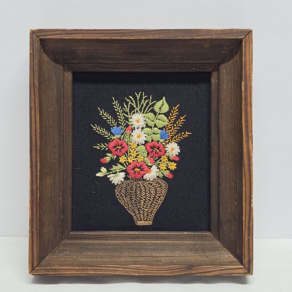 Vintage Polish Crewel Needlepoint Floral Embroidery Flowers Framed Art Cottage